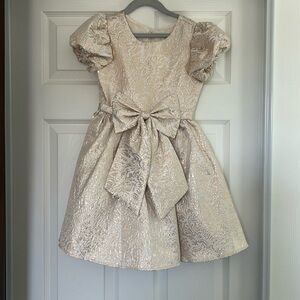 Rare Editions Girls Size 7 Gold Brocade Puff-Sleeve Party Dress